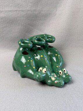 Three-Headed Green Ceramic Dragon Figurine With Colorful Polka Dots Vintage 1991